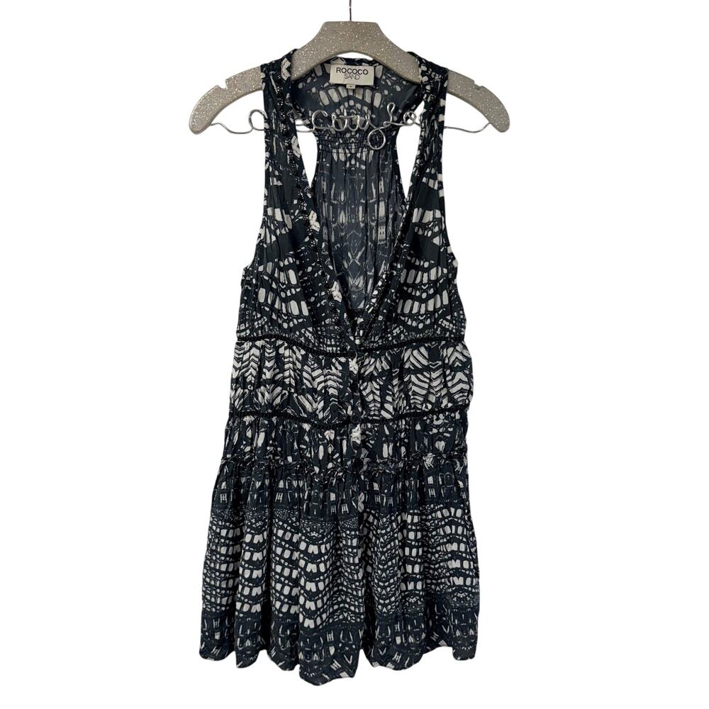 Rococo Sand Mini Dress Small Sleeveless Tiered Black White Pattern Rhinestones